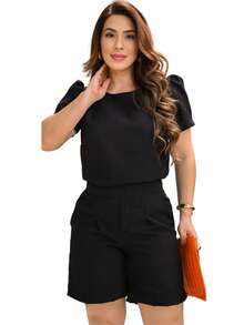 Women's Casual Elegant Shorts + Blouse Set Summer 2025 Colors Exclusive Launch - 黑色 - 查看 2