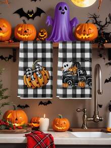 2 Pcs Halloween Vintage Pumpkin Ghost Bathroom Hand Towels Spider Web Bat Witch Hat Black Cat Farmhouse Dining Room Decor Kitchen Towels - Black - View 3