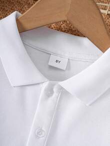 Boys' Classic Simple Solid White Long Sleeve Polo Shirt, Suitable For Casual, Holiday Wear, Can Be Paired With Various Jackets - White - View 4