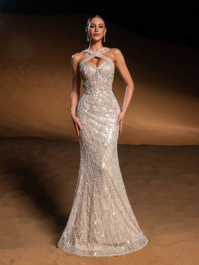 Elisanya Robe de soirée sirène élégante et scintillante avec encolure croisée perlée, fermeture ajustable à nouer dans le dos et ourlet en queue de poisson pailleté - Stylée pour les galas du tapis rouge, les mariages en smoking, les bals de charité formels, les soirées d'opéra et les cérémonies de remise de prix de luxe pour femmes