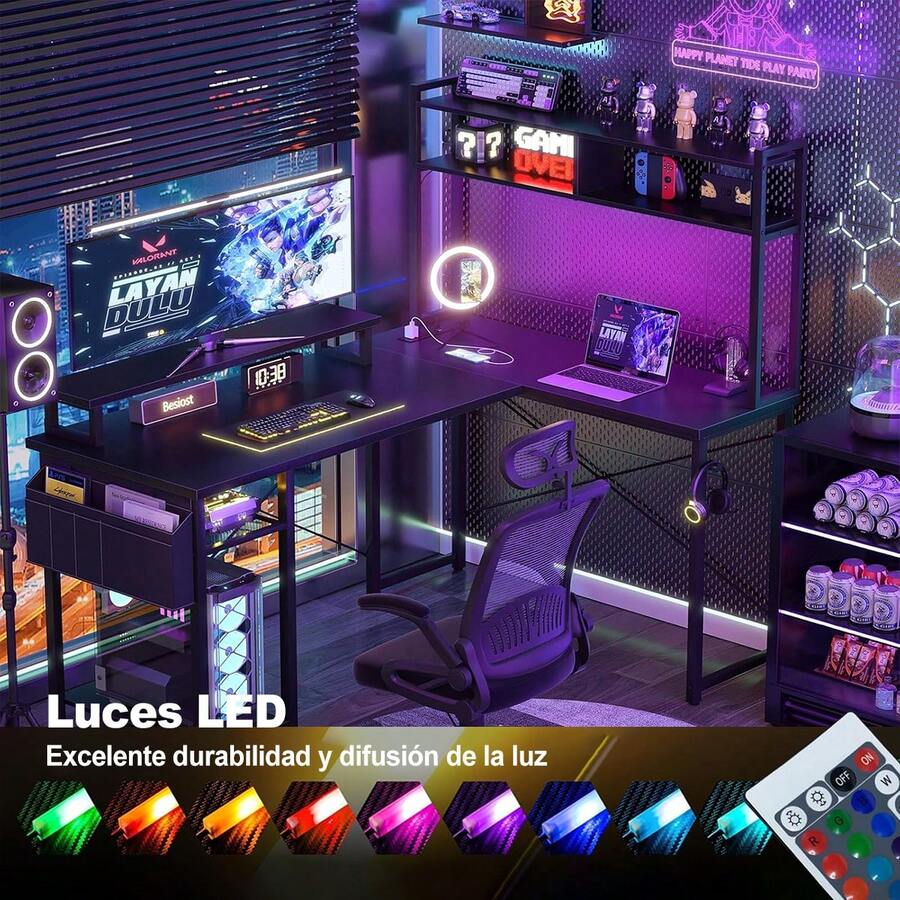 Mesa de juego pequeña en forma de L con toma de corriente, mesa en forma de L con soporte para monitor y estante de almacenamiento, mesa de juego - Tipo de Enchufe A USA (110-127V) - Ver 1