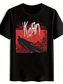 Men  Size  KORN Men Rock Band Graphic T-Shirt Black With Red White Logo Print Short Sleeve Round Neck Casual Summer Tee Machine Washable Regular Fit Band T Shirts  Men Size L-3XL - 黑色 - 查看 2