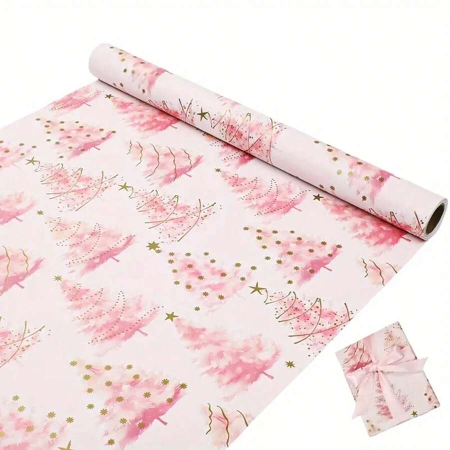 1 Roll Christmas Tree Gift Wrapping Paper - Pink & Gold Holiday Wrapping Paper, 118.11 Inches Long - Decorative Festive Paper, Suitable For Gifts, Premium Christmas Tree Pattern Design, No Accessories, Paper Material