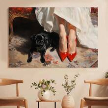 1pc Framed Canvas Wall Art, Elegant Woman In Red Heels With Black Pug Feminine Fashion Art Print Canvas Poster Painting Wall Decor, Ideal Gift For Bedroom Living Room Hallway Dorm, Ready To Hang - Nhiều màu - Xem 4