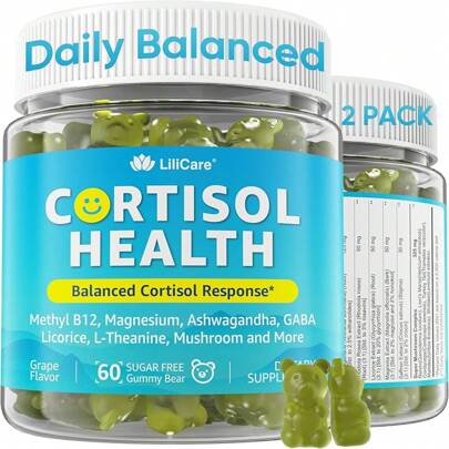 Cortisol Gummies Women & Men, Sugar Lower Cortisol Supplements/ Magnesium, Ashwagandha, Mushroom, L-Theanine, Rhodiola, Vitamin B6 B12 Cortisol, Relax, Sleep Support Vegan 2 Pack