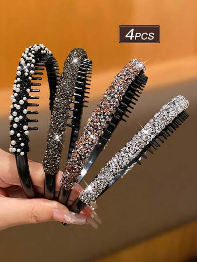 4件套女士时尚发圈，精致时尚，镶嵌闪亮水钻和仿珍珠，防滑齿状设计，适合洗脸、化妆、固定头发，推荐作为女士发饰礼品、头饰或发带。