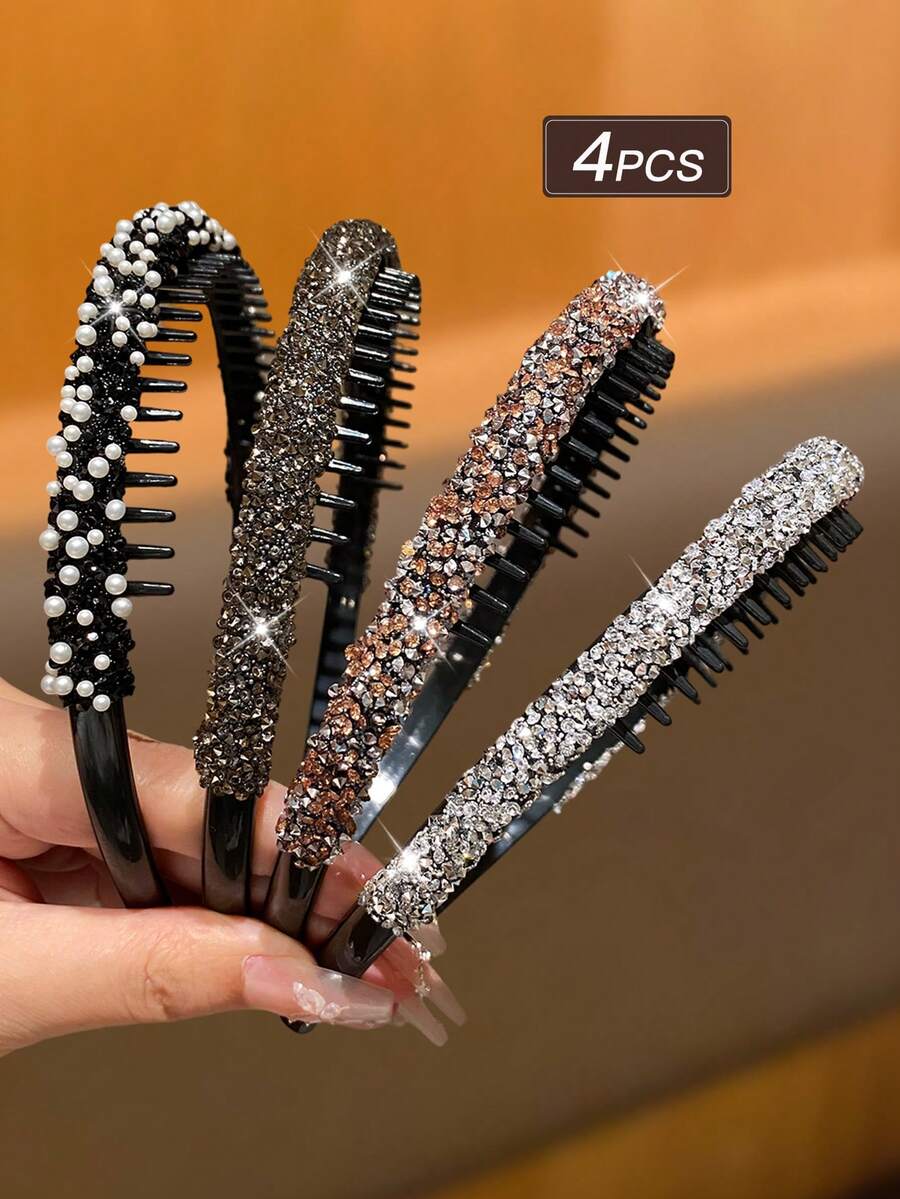 4件套女士时尚发圈，精致时尚，镶嵌闪亮水钻和仿珍珠，防滑齿状设计，适合洗脸、化妆、固定头发，推荐作为女士发饰礼品、头饰或发带。 - 彩色 - 查看 1