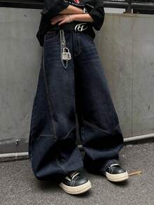 1 pièce Jeans droits à design patchwork avec lavage vintage délavé ample pour hommes (ceinture et accessoires non inclus) - Jean brut - Voir 7