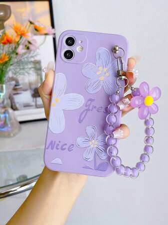 1 pieza Funda de teléfono a prueba de golpes con estampado floral de TPU morado que cubre por completo y 1 pieza Correa de muñequera con flor morada y cuentas, compatible con teléfonos Apple/Android como Galaxy A51 4G, A52, A52s 5G, S23 Ultra, A13 4G, A12, S25 Ultra, OPPO A54, A54