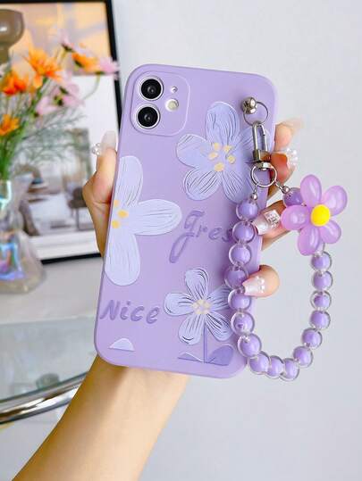 1pc Purple TPU Floral Print Shockproof Full Coverage Phone Case And 1pc Purple Flower & Bead Bracelet Lanyard Strap, Compatible With Apple/Android Phones Such As Galaxy A51 4G, A52, A52s 5G, S23 Ultra, A13 4G, A12, S25 Ultra, OPPO A54, A54
