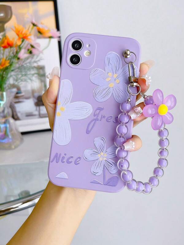 1pc Purple TPU Floral Print Shockproof Full Coverage Phone Case And 1pc Purple Flower & Bead Bracelet Lanyard Strap, Compatible With Apple/Android Phones Such As Galaxy A51 4G, A52, A52s 5G, S23 Ultra, A13 4G, A12, S25 Ultra, OPPO A54, A54