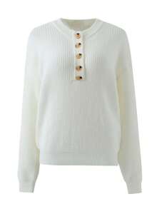 Solid Color Semi Open Neck Fashionable Button Over Sweater For Women In Autumn And Winter, Elegant And Slouchy Design