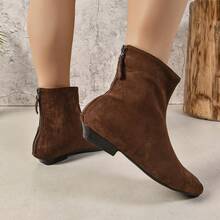 Niche Low Chunky Heel Women Short Boots, Comfortable Versatile Suede Short Boots, Solid Color For Home & Holidays