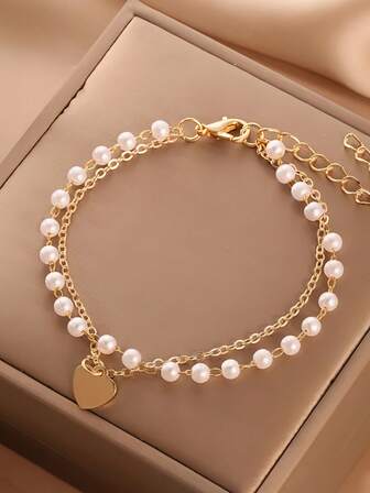 1 pieza Brazalete con colgante de corazón de perla falsa minimalista y de moda, accesorio versátil para niñas, para fiestas y uso diario