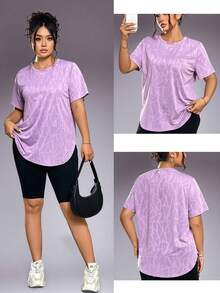 1pc Plus Size Women Casual Sports T-Shirt, Round Neck With Curved Hem, Summer