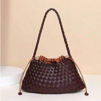 Anti-Theft Drawstring Deep Brown Woven Leather Bucket Bag | Handheld & Underarm Dual-Use | 32CM Large Capacity Commuter Bag | Retro Casual Travel Bag | Handmade Woven Shoulder Strap