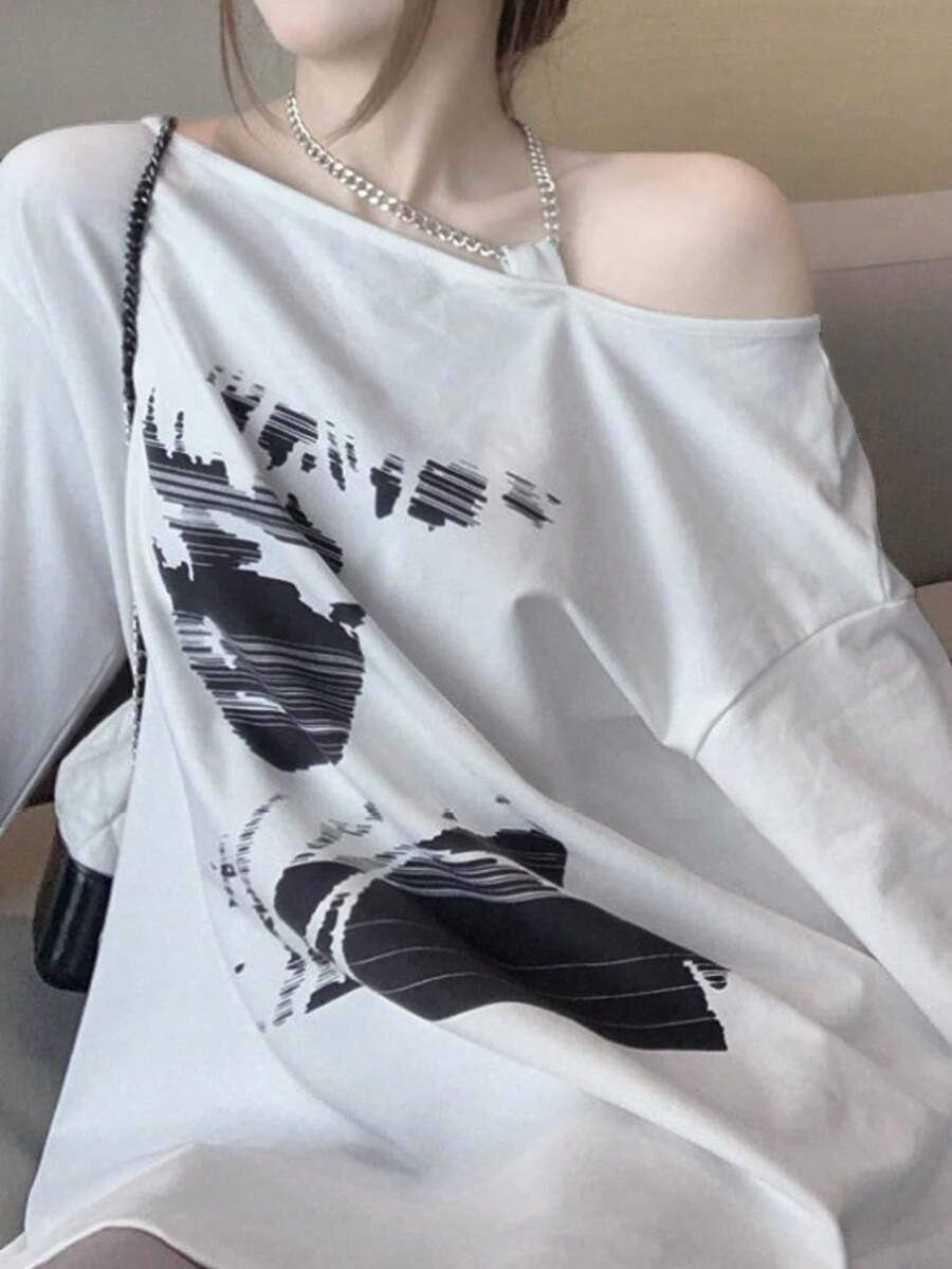2025 Spring/Autumn New Women Casual Long Sleeve Loose Printed Tank Top T-Shirt - White - View 1