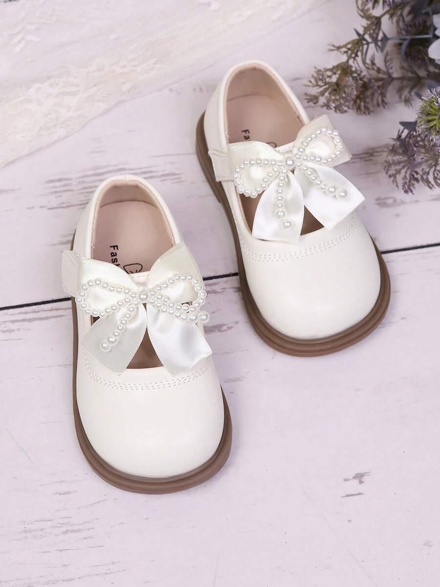 1 Pair Girls' Pearl Ribbon Bow Round Toe Sweet Fashion Princess Style Flat Shoes, Suitable For Spring And Autumn - White - View 1