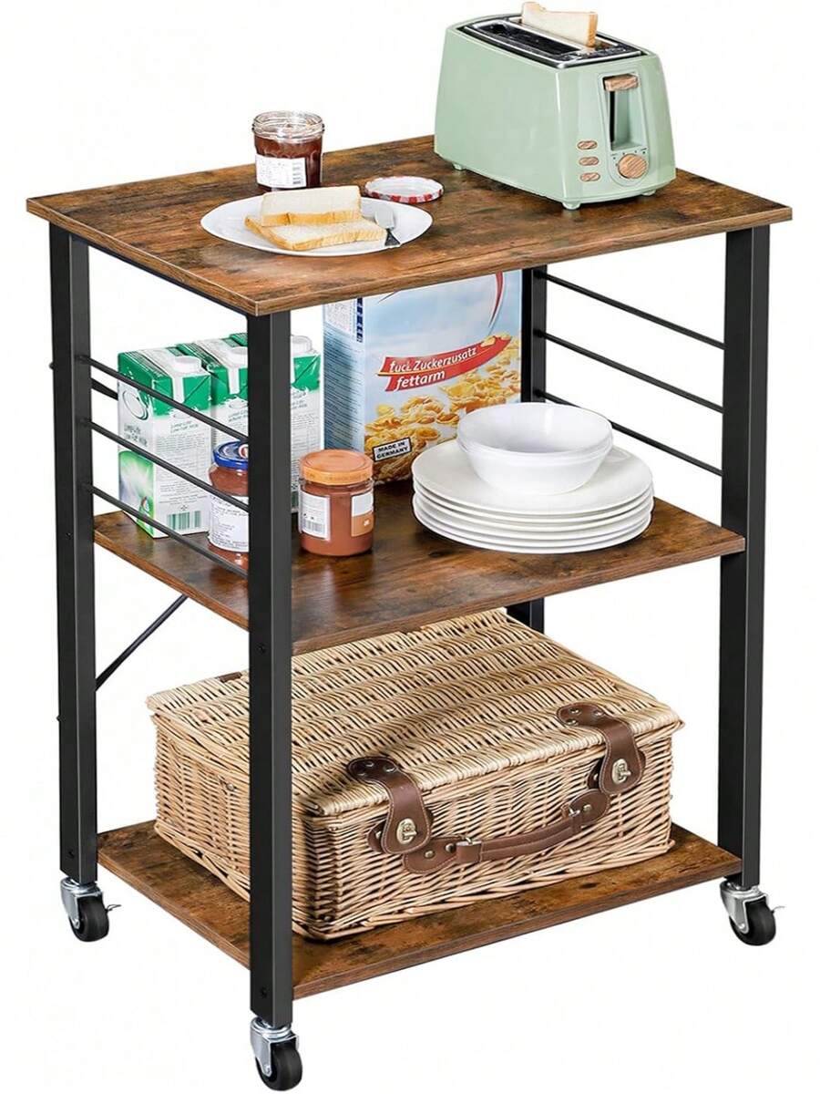 Estante de Cocina con Ruedas, Carrito de Servir de 3 Estantes, Carrito Multiusos para Microondas, Mini Horno y Tostador, Incluye 6 Ganchos, Estilo Industrial, Color Café Rústico y Negro - Roble Ebonizado - Ver 1