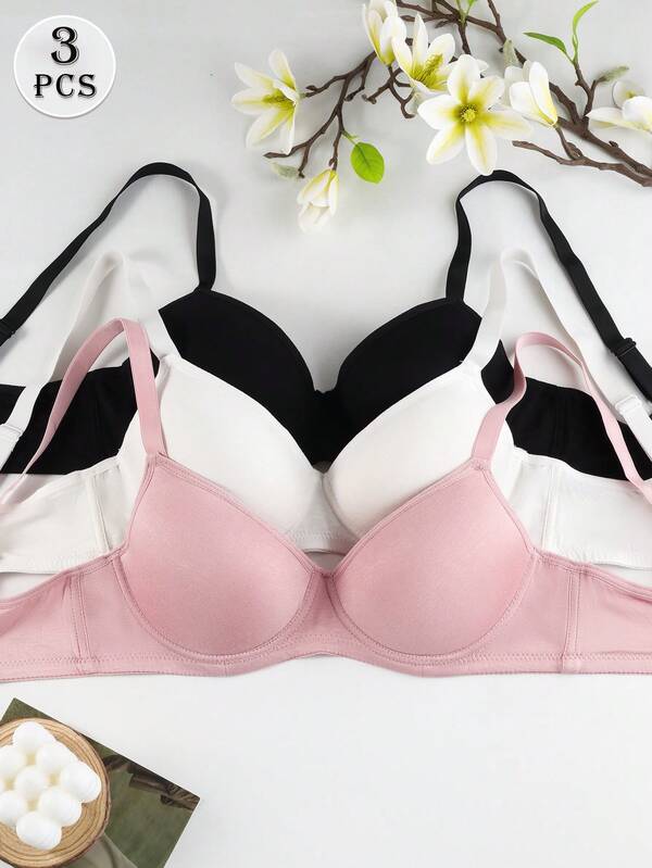 3pcs Women Seamless Underwear, Wireless Bra With Lift And Side Support, Minimalist Casual Breathable Bra