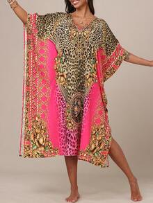 Women's Kaftan Dresses, Colorful Print Mrs Roper Caftan, Bathing Suit Cover Ups Beach Dresses  Leopard Print    Split    Vacation - 彩色 - 查看 2
