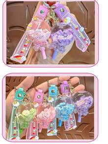 قلادة سلسلة مفاتيح زجاجة رمل متحرك جديدة، تميمة زخرفية صغيرة من الكريستال والزهور الرقيقة، ديكور معلق جميل للحقيبة الظهر