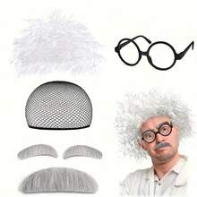 Elderly Mad Scientist Wig Set, Eyebrows, Beard And Glasses, Crazy Old Scientist Wig, Halloween Dress Up Grandpa Costume Accessories, Role-Playing Party Supplies - Multicolor - View 7
