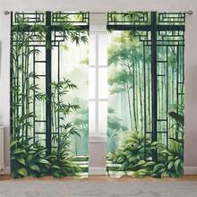 2D Flat 2Pcs Bamboo Forest Curtain Panels, Asian Zen Garden Inspired Design, Rod Pocket Drapes, Light Filtering Semi-Sheer Window Treatment For Living Room Bedroom Kitchen, Tropical Botanical Nature Style Decor, Machine Washable Fade Resistant Tree Green Curtains Oriental Japanese Leaves Digital Print Home - Nhiều màu - Xem 9
