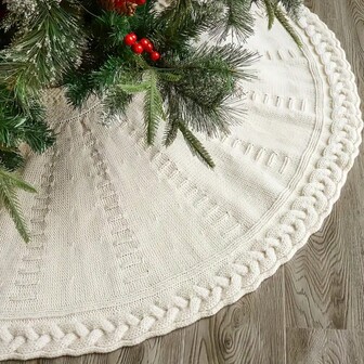 Falda para árbol de Navidad tejida: Falda para árbol de 24/36/48 pulgadas de color blanco crema, tejida con strass en estilo rústico country, decoración para árbol de Navidad, decoración para fiesta navideña en el hogar, decoración navideña, decoración de invierno, regalos navideños, decoración navideña para el hogar