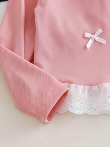 Chatreadl Blusa de manga comprida com acabamento em renda para meninas, 3 peças, design casual com laço, roupa versátil para atividades ao ar livre, primavera/outono