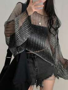 Cropped Knit Sweater For Women, Sexy Cutout Design, Versatile Cold Shoulder Top - Black and White - View 7