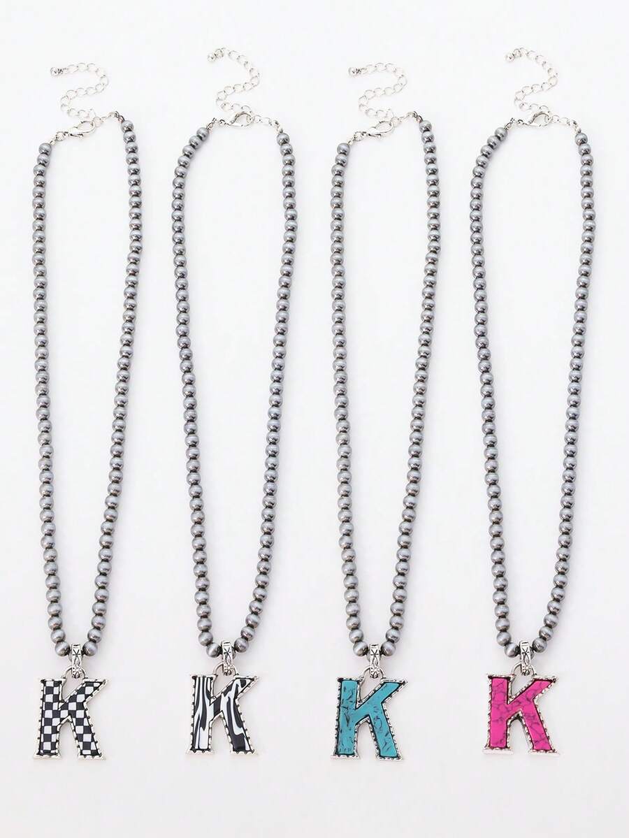 1pc Western Country Style Vintage Textured CCB Multicolor Leopard Print Black & White Plaid 26 Letter Minimalist Pendant Necklace, Sweater Chain
