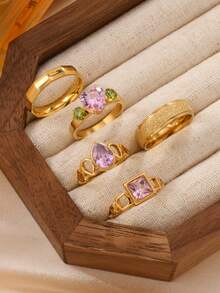 5/9pcs Fashionable & Elegant Stainless Steel Gold Rings Set, Includes Love Teardrop, Roman Numeral, Matte Diamond Elements, 18K Gold Plated, Suitable For Women's Daily Wear, Dates, Gifts, Weddings, Engagements