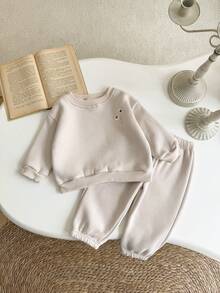 2pcs/Set Baju Bayi Laki-laki Kasual Lengan Panjang Kerah Bulat Bahan Fleece dengan Bordir Bunga, Musim Gugur/Musim Dingin - Aprikot - View 6