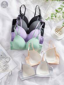 6件/套 女士纯色条纹无钢圈加厚文胸，舒适贴合，可调节肩带，品质稳定，休闲简约，日常提拉文胸/内衣 - 彩色 - 查看 3