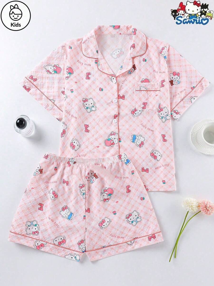 Sanrio Conjunto de 2 piezas de pijama para niñas y adolescentes con polo, cárdigan con bolsillos, estampado de Hello Kitty, flores y fresas, manga corta y pantalón corto, cómodo y casual