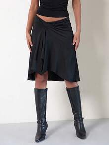 Women Y2k Low Rise Striped Maxi Skirt Asymmetrical Low Waist Ruffle Long Skirts Vintage Coquette A-Line Skirt - màu đen - Xem 5