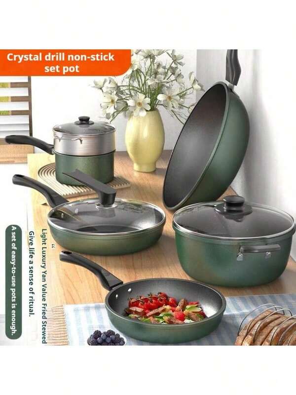 Non-Stick Cookware Set: Frying Pan, Soup Pot, Wok With Thick Base, Even Heating, Multi-Purpose Kitchen Essential, Suitable For Gas And Induction Cooktops