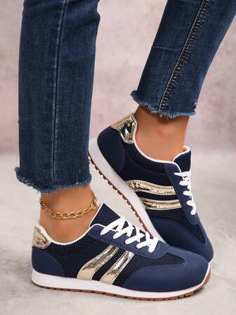 Women's Versatile Lace-Up Casual Sports Sneakers, Breathable Flat Athletic Shoes