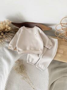 2pcs/Set Baju Bayi Laki-laki Kasual Lengan Panjang Kerah Bulat Bahan Fleece dengan Bordir Bunga, Musim Gugur/Musim Dingin - Aprikot - View 4