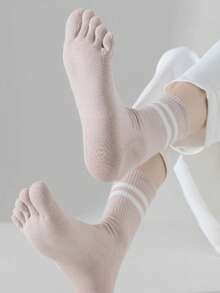 5 Pairs Women's Toe Separator Crew Socks - Solid & Striped Sports Socks, Breathable Stretch For Indoor Workouts & Yoga - 5對 - 查看 8
