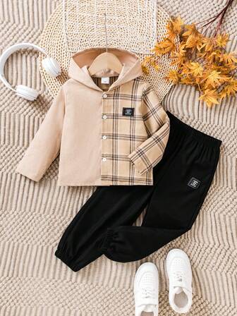 2pcs Autumn/Winter Young Boys Plaid, Corduroy Long Sleeve Hooded Jacket And Solid Color Drawstring Pants Set