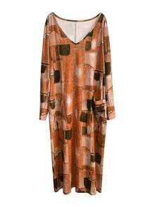 Plus Patchwork Print Dual Pocket Drop Shoulder Dress - Orange - View 2