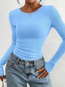 PRETTYGARDEN Women Spring And Fall Long Sleeve Shirts Clothes Cute Going Out Tops Ribbed Tight Fitted Plain Basic Tee Tshirts Vacation Outfits For Women - 淺藍 - 查看 6