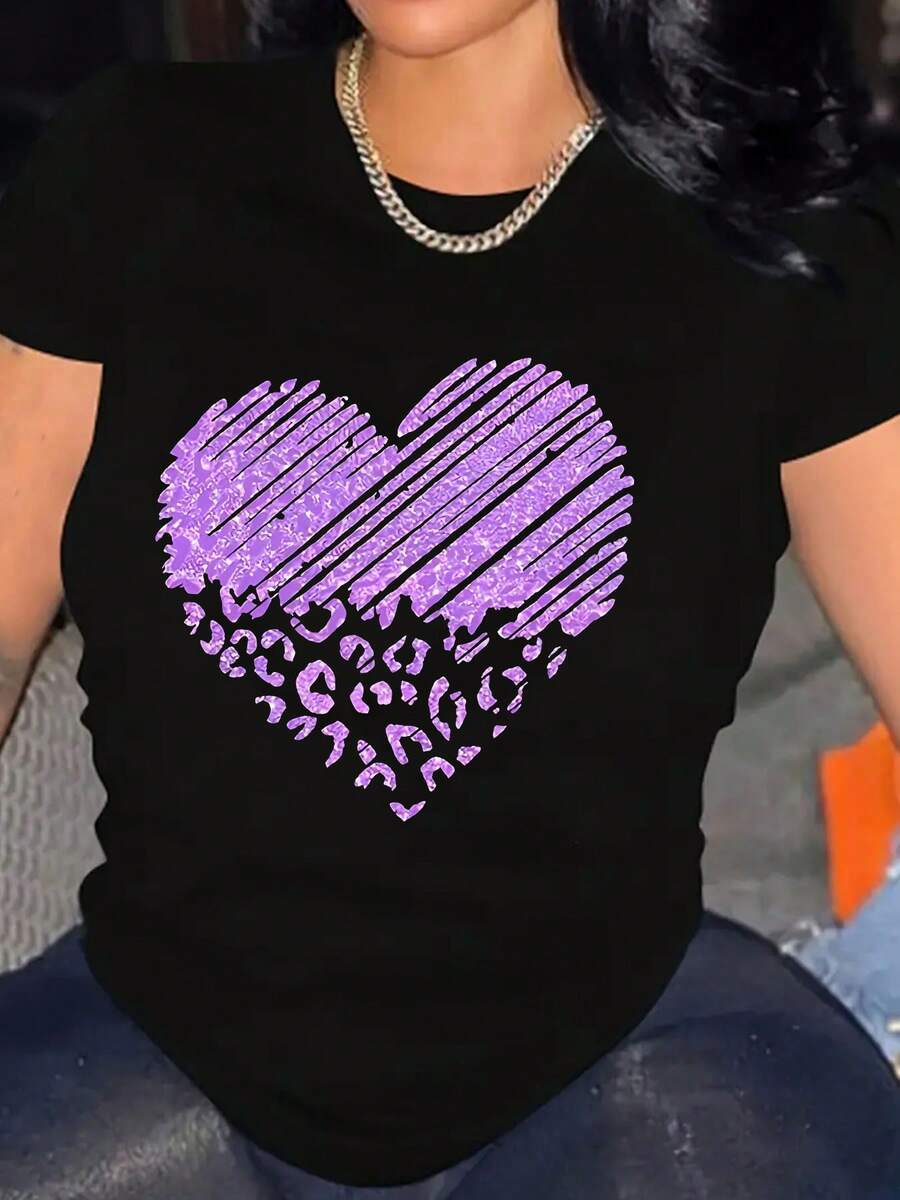 Oversized Women's Casual T-Shirt With Purple Heart Leopard Print - 3D Graphic Design For Everyday Wear, Street Style & Festivals Comfortable Loose Fit Tee For Ladies Fashion Top For Summer & Spring Outfits - màu đen - Xem 1