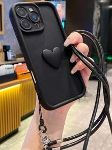 挂绳 + 心形手机壳套装，适用于 16 Pro Max、 11/12/13/14/15/16 Pro Max、S25/S22/23/24+、OPPO、VIVO、Redmi 13C+、Moto G、Redmi NOTE 13C/12/11 PRO、Enjoy/Honor、OPPO - 黑色 - 查看 1