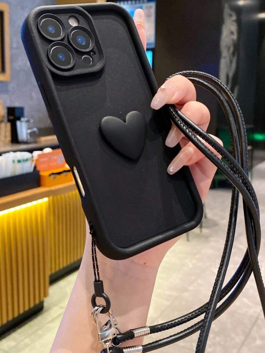 挂绳 + 心形手机壳套装，适用于 16 Pro Max、 11/12/13/14/15/16 Pro Max、S25/S22/23/24+、OPPO、VIVO、Redmi 13C+、Moto G、Redmi NOTE 13C/12/11 PRO、Enjoy/Honor、OPPO - 黑色 - 查看 1