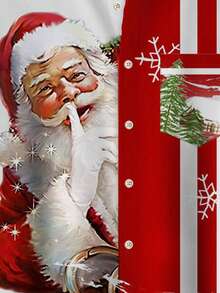 圣诞老人条纹印花男士纽扣口袋短袖衬衫 - 紅色 - 查看 6