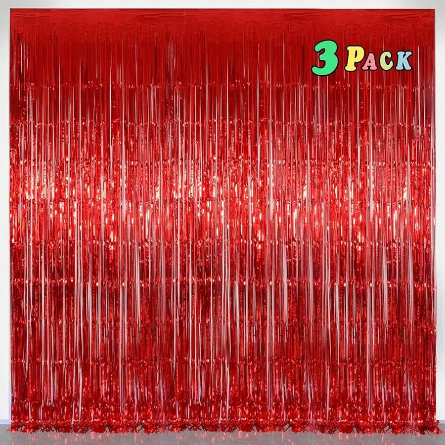 Foil Fringe Curtains Red Streamers Party Decorations - Melsan 3 Pack 3.2 X 8.2 Ft Red Fringe Backdrop Party Photo Backdrop Back To School Birthday Party Shower Or Graduation Decorations2025 - 純紅色 - 查看 1