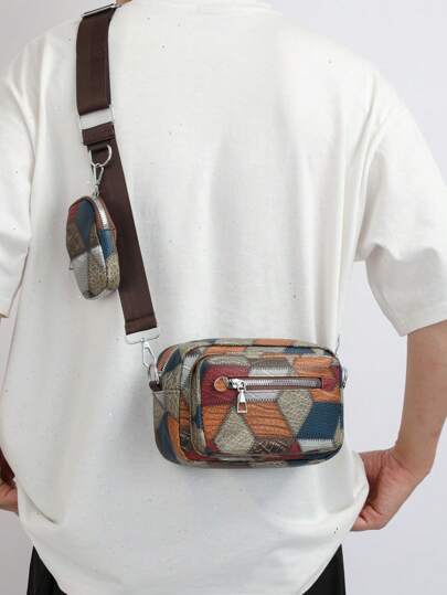 2pcs/Set Stitched Sling Bag With Mini Key Pouch, Fashion School Bag Commute Teenagers Freshmen High School University Practical Stylish Sling Bag Cross Body Bag Shoulder Bag Thanksgiving Travel Purse Holiday Tote Bag Outdoor Portable Vacation Vintage Chest Bag Bag Gifts Christmas Travel Essentials Retro Bag Valentines Holiday Essentials Bag Camping Sling Bags Winter Brown Bag Back To School Vintage Men Gift Bag Bag Pack Spring Vintage Bags School Supplies Festival Valentine'S Day Phone Bag